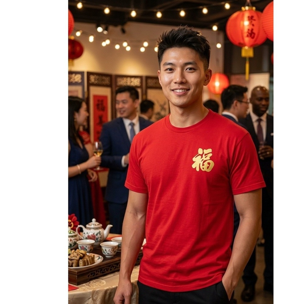 Nostalgia Mens Red Gold Fu Character Graphic T-Shirt XL Cotton Lucky Fortune
